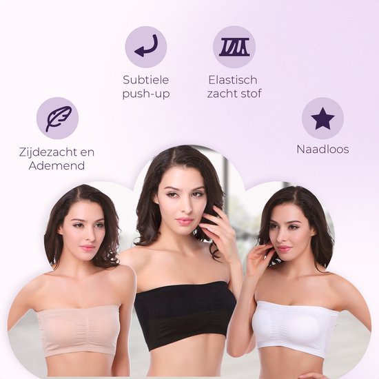 Trois soutiens-gorge bandeau sans coutures beiges, noirs et blancs, portés par des modèles. Icônes avec le texte "Soie douce et respirante", "Push-up subtil", "Tissu doux et élastique" et "Sans coutures".