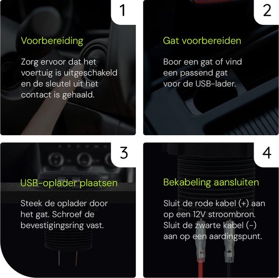 Installatie-instructies: boor een gat, plaats de USB-lader, sluit de rode kabel aan op 12V en de zwarte kabel op aarde.