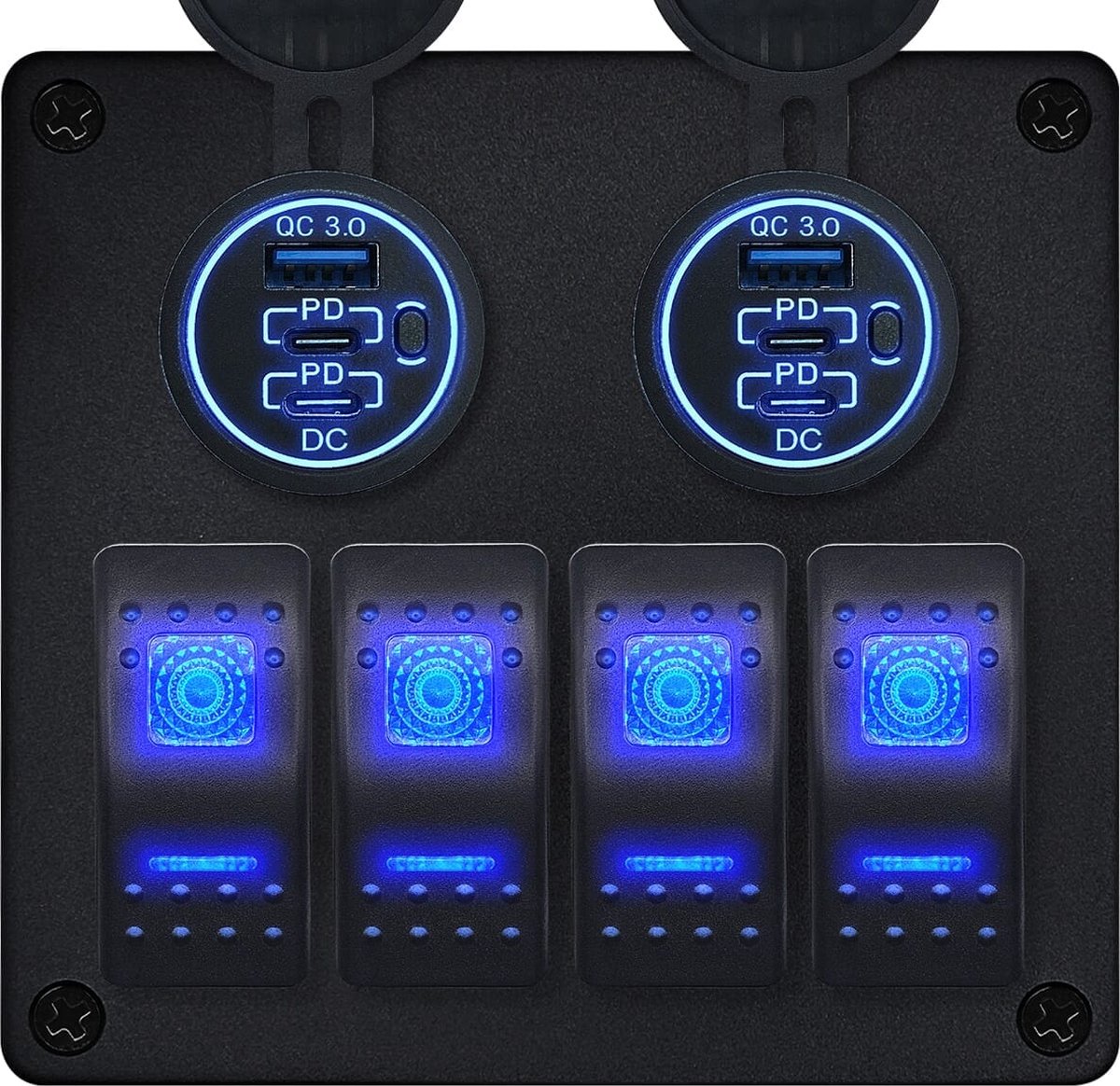 ProRide Schakelpaneel 12V voor Auto/Boot - USB/USB C Stopcontact 6 Poorten met schakelaar - QC3.0 - 4 schakelaars - Blauw