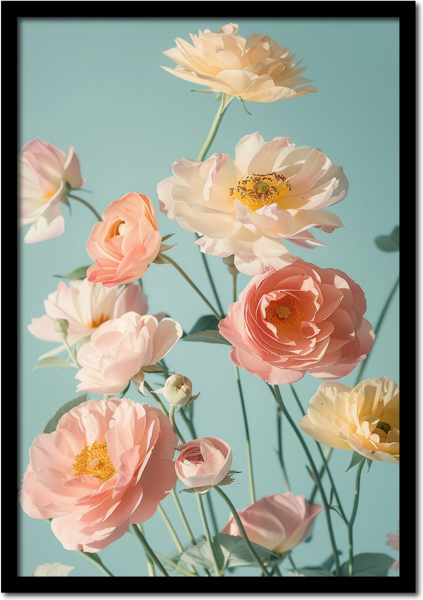 Plakkers Poster ranonkel bloemen met mint achtergrond - 21cm x 30cm a4 - vintage - woonkamer - slaapkamer - bloemen posters - goedkoop - muurposter - natuur - wanddecoratie Full-colour