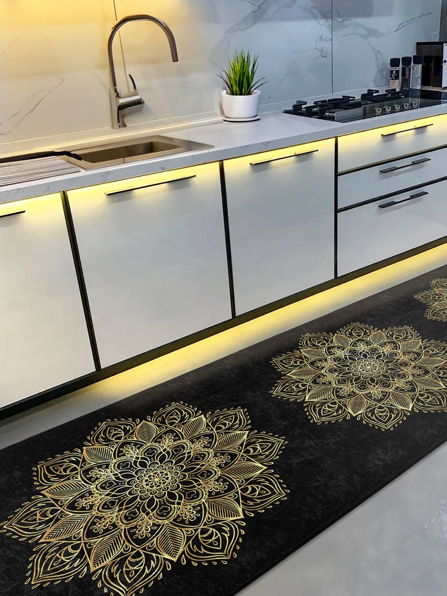 Vloerkleed 80x220cm - Keukenloper - Deurmat binnen - Wasbaar Antislip - Laagpolig Zachte Tapijt - Gold mandala op zwart