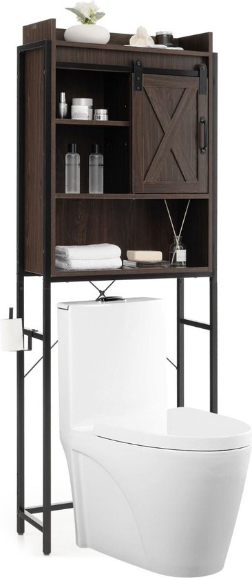 Foto: Suredeal wasmachine kast ombouw toiletkast toilet donkerbruin 64x24x172 cm 5 lagen toiletrek wc kast badkamerrek badkamerorganizer wasmachinerek