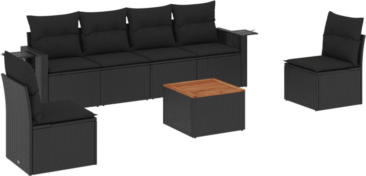 vidaXL 7-delige - Loungeset - met - kussens - poly - rattan - zwart