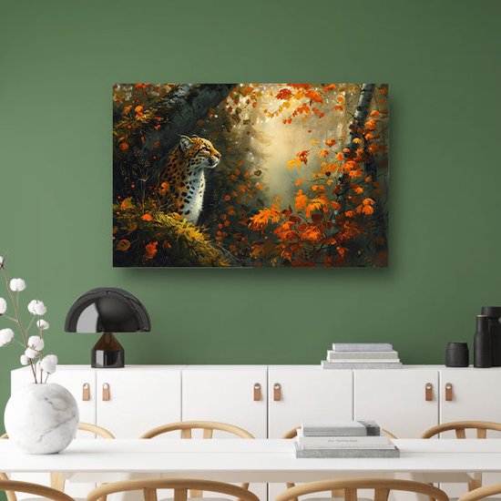 Portrait de léopard - Peintures Animaux - Peintures sur toile Feuilles - Peintures sur toile industrielle - Peintures sur toile - Toile de Décoration murale chambre 150x100 cm