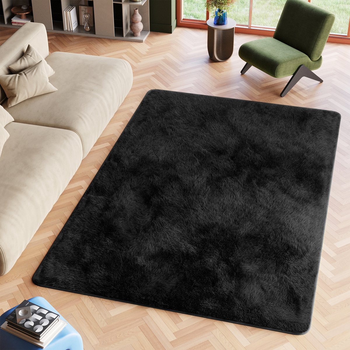 Tapiso Silk Vloerkleed Zwart Antraciet Hoogpolig Shaggy Fluffy Tapijt Maat- 140x200 Antraciet Zwart