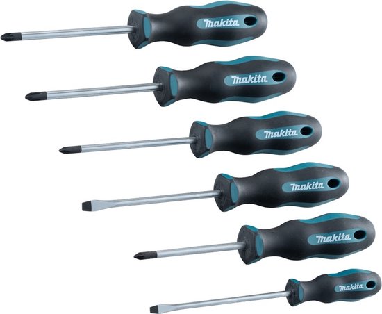 Set van zes schroevendraaiers met zwarte en turquoise handvatten.