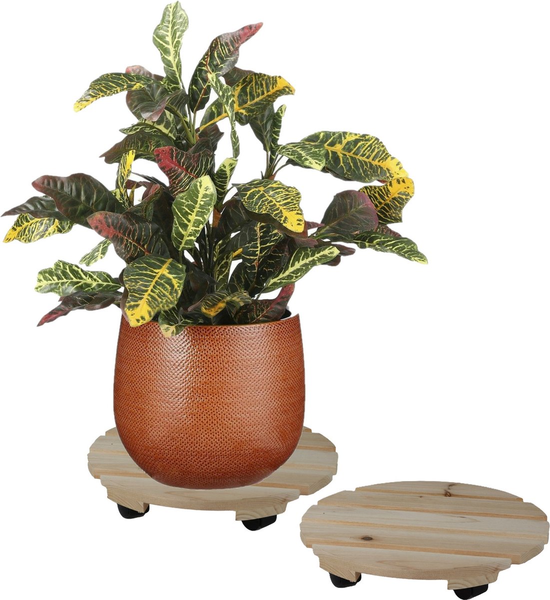 Sunnydays Plantenpot trolley - 2x - hout - naturel - rond - 30 x 30 cm - max 100 kilo - potten verrijden - niet tillen - bloempotten wielen