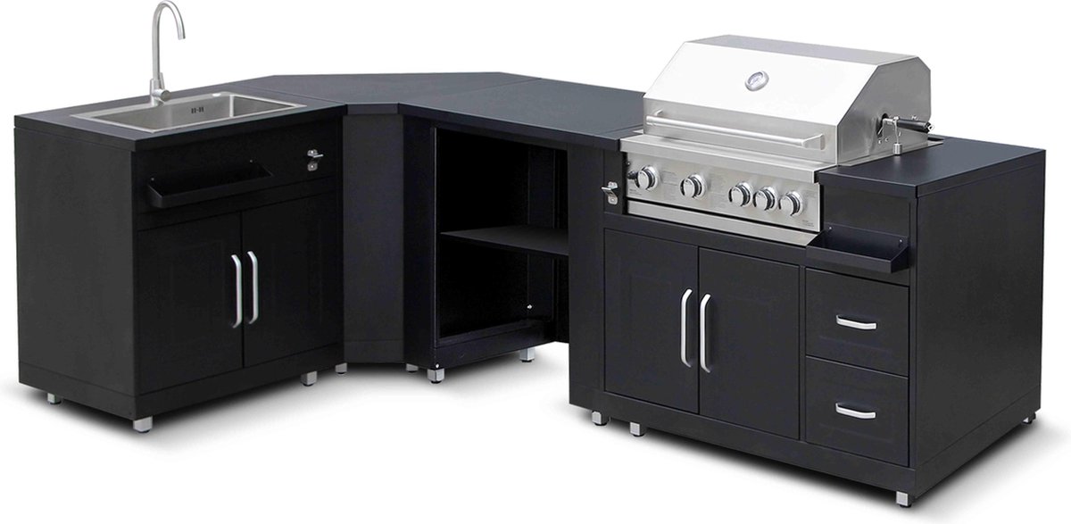 Oviala - Hoekkeuken buiten met 4 elementen spoelbak en barbecue - Memphis