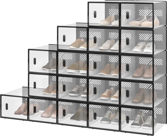 Schoenendozen, stapelbaar, 20 stuks, opvouwbaar, kunststof, transparant, opbergdoos, organizer, om schoenen in te bewaren, 33 x 23 x 14 cm