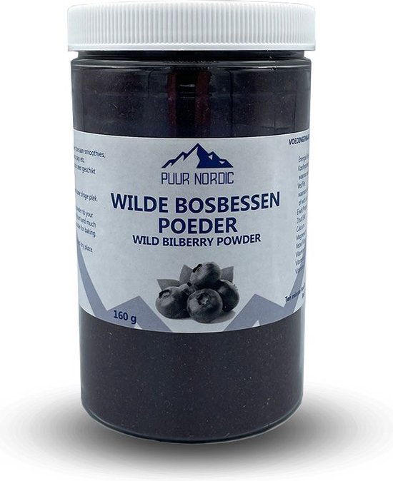 Pot wilde bosbessenpoeder van Puur Nordic met een etiket met een illustratie van bosbessen.