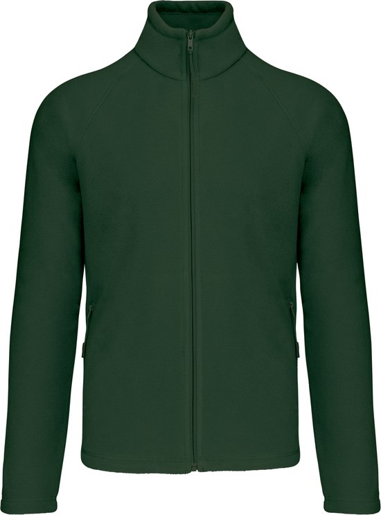 Veste polaire verte zippée, manches longues et deux poches latérales zippées.