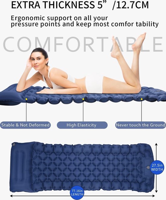 Zelfopblazend, hoog campingluchtmatras met geïntegreerd hoofdkussen, outdoor, campingmat, slaapmat, kleine verpakkingsmaat met voetpomp, luchtcelmat, opblaasbaar, blauw van Merkloos — afbeelding 3