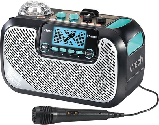 Zwarte VTech Super Sound Karaoke speaker met microfoon. Bevat een discobol.