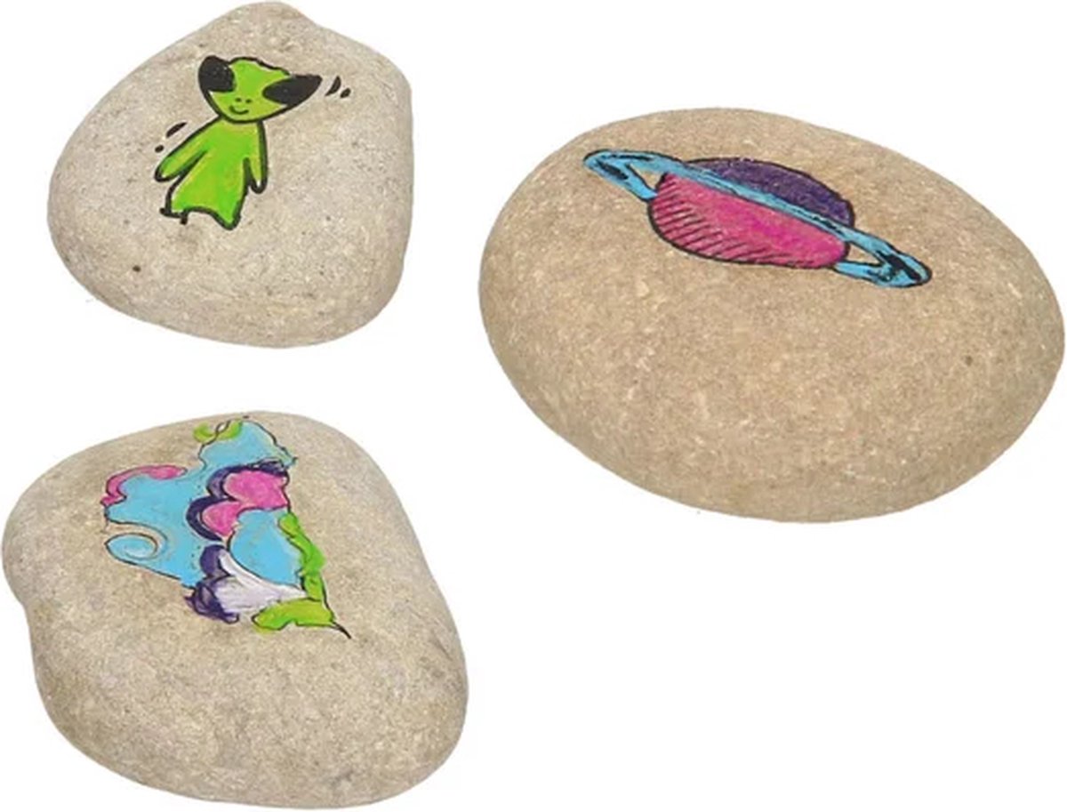 Grafix Galaxy Rock Painting - Set voor Happy Stones met 3 stenen, 5 kleuren verf, zilveren sterren en stickervel - Creatief speelgoed voor kinderen vanaf 5 jaar - Inclusief kwast — afbeelding 5
