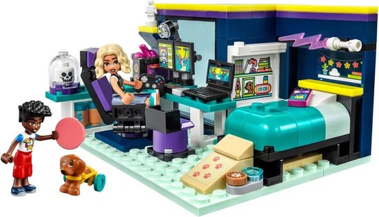 Een LEGO Friends speelset met twee minipoppetjes, een hondje, een bed, computer en gamestoel. Leeftijd 6+, 179 onderdelen.