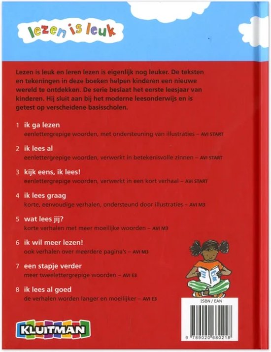 Achterkant van een kinderboek 'Lezen is leuk', met inhoudsopgave en een illustratie van een meisje dat leest.