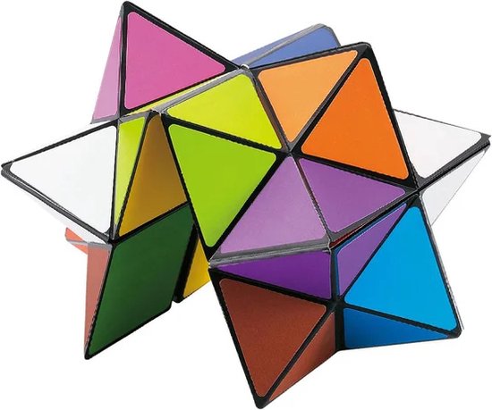 Veelkleurige magische kubus met vormen die lijken op een ster, met de kleuren roze, oranje, groen, paars, blauw, bruin en wit.