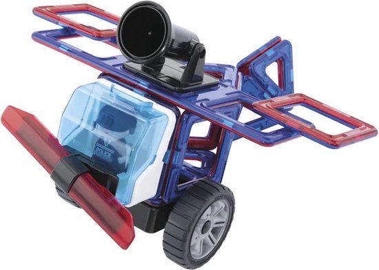 Magnetisch vliegtuig van Magformers met blauw-rode panelen, een zwarte luidspreker en politiefiguur.
