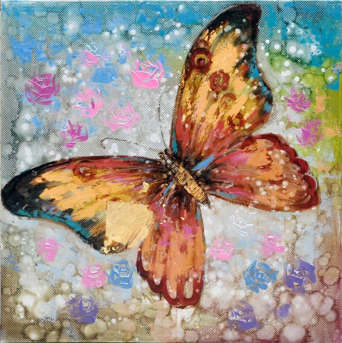 karo-art Schilderij - Handgeschilderd - Vlinder 3 100x100cm Multikleur