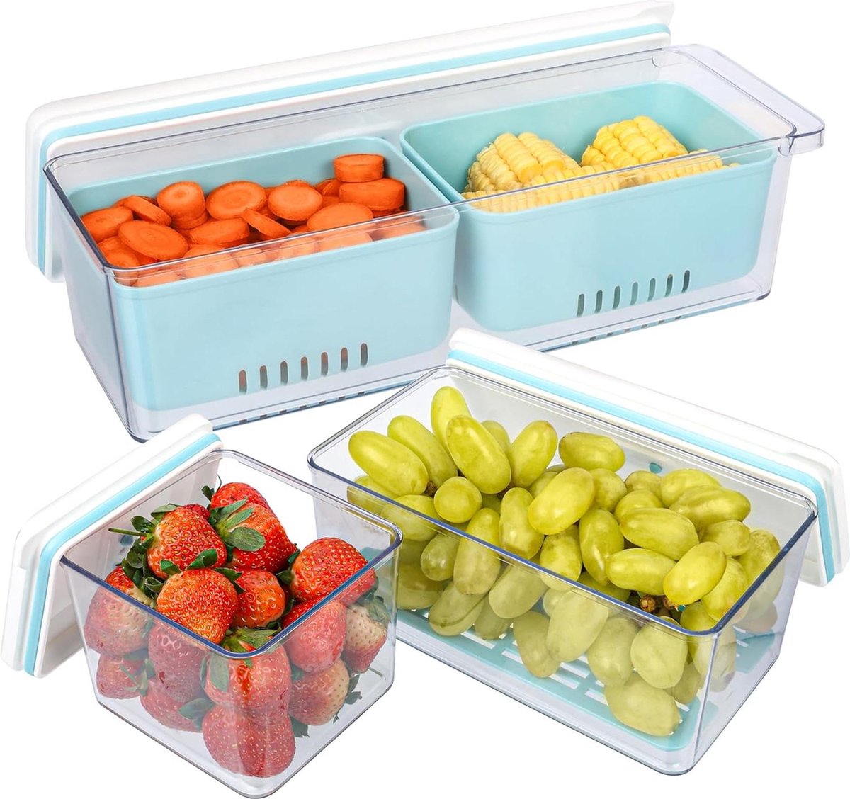 Stackable Produce Saver Storage Containers Pack of 3 with Drain Baskets Reusable Food Organisers for Fridge Freezer Vegetables Fruit Storage Dishwasher Microwave Safe