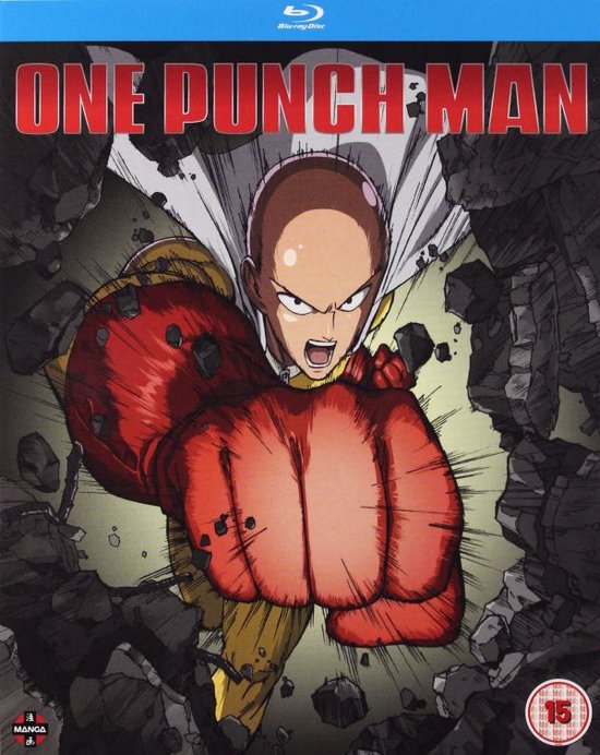 Saitama, de hoofdpersoon van One Punch Man, slaat met zijn vuist door gebroken stenen. Hij draagt zijn gele en witte kostuum.