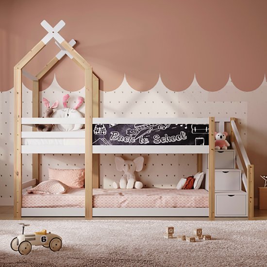 Lit Superposé 90x200 Cm Avec Tiroirs Et Escalier Rangement - Bois Blanc - Sans Matelas - Capacité 120 Kg