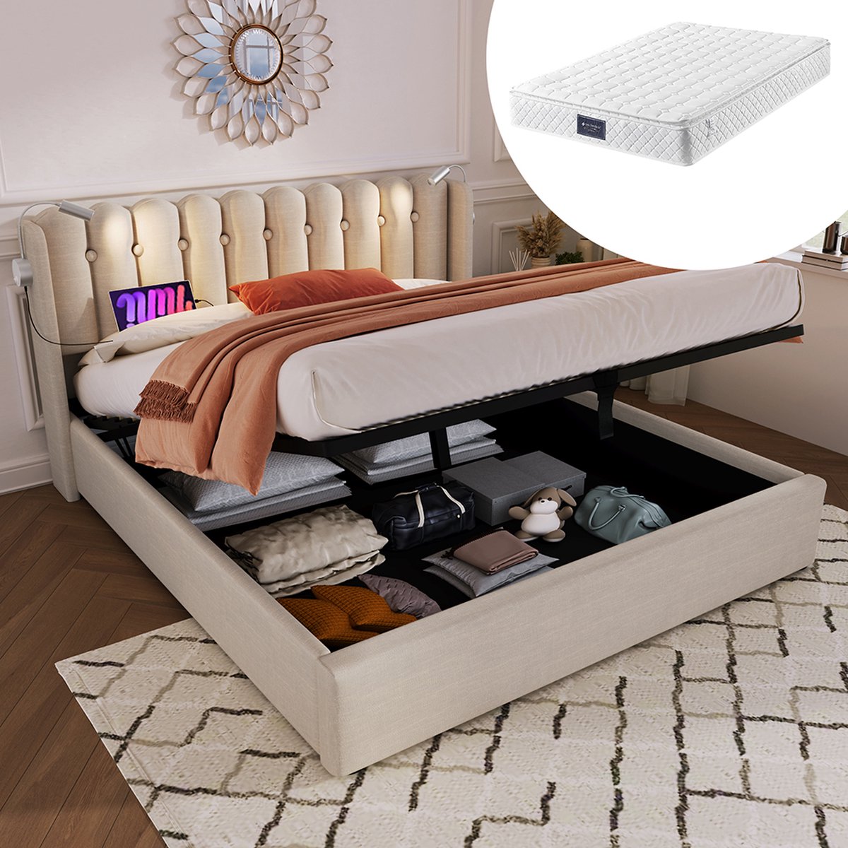 KOMHTOM Bed Tweepersoonsbed 160x200 cm Chest bed Leesbed met laadfunctie Hoofdbord Opbergruimte Naturel Met matras Beige met matras