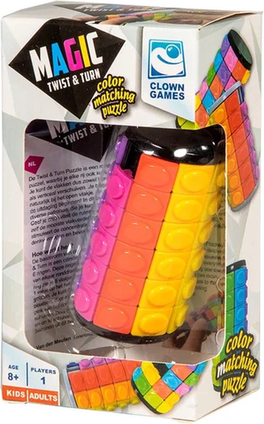 Verpakking van de Clown Games Magic Twist & Turn kleurpuzzel. De puzzel toont regenboogkleuren van roze, oranje, geel en groen.