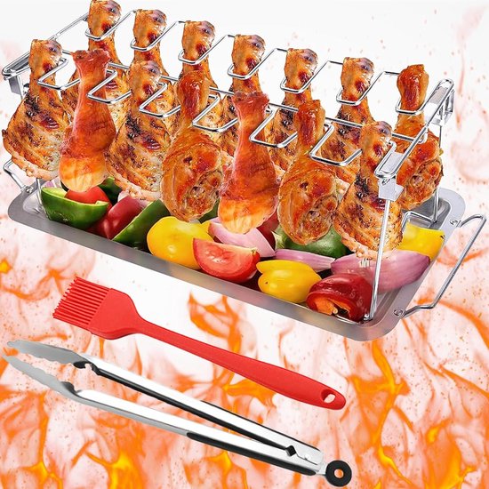 Foto: Opvouwbare kip rooster rack roestvrij staal kip stand voor oven barbecue bbq grill met druppel pan kippenpoot houder