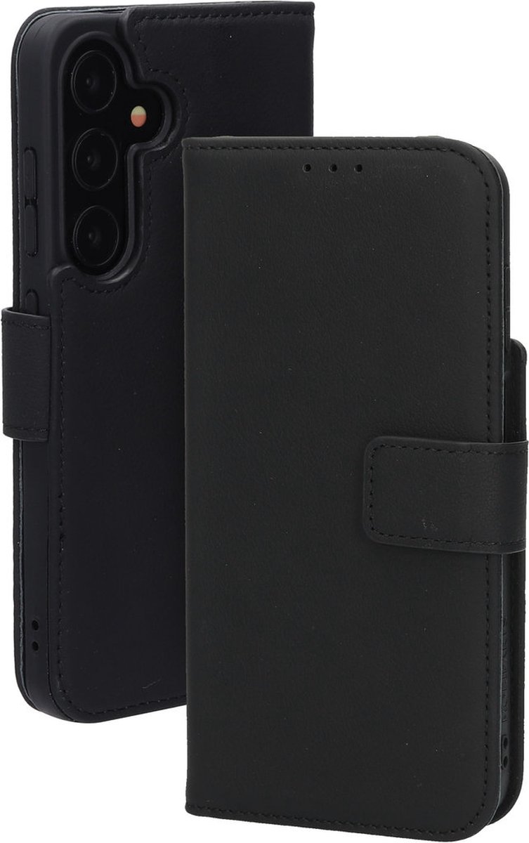 Mobiparts MagSafe Portemonnee/Boekhoesje geschikt voor Samsung Galaxy S24 - Echt Leer - Magnetische Sluiting - Ruimte voor drie pasjes - Microvezel voering - Zwart
