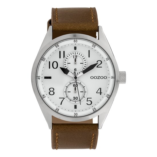 OOZOO Timepieces - Zilverkleurige horloge met bruine leren band - C10025