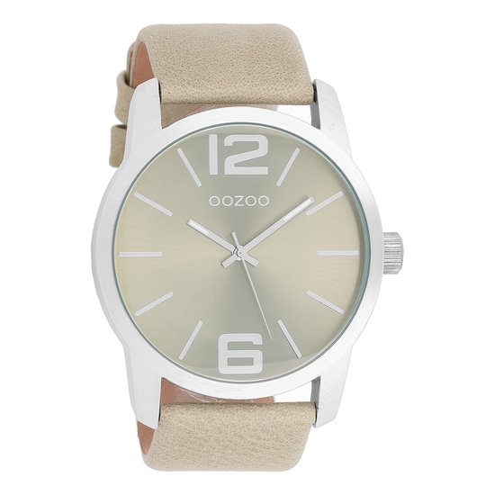 OOZOO Timepieces - Zilverkleurige horloge met zand/licht groene leren band - C8031