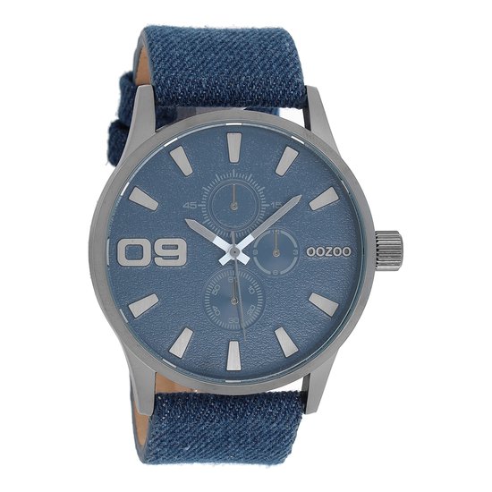 OOZOO Timepieces - Titanium horloge met jeans blauwe leren band - C10345