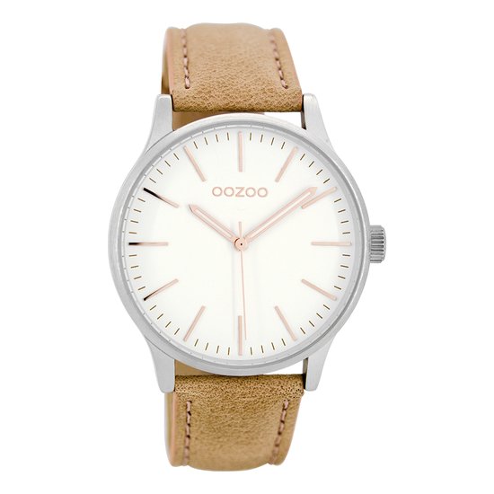 OOZOO Timepieces - Zilverkleurige horloge met oud roze leren band - C8541