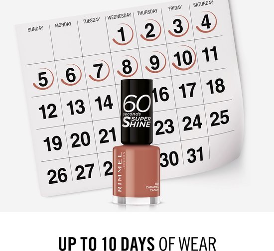 Rimmel 60 Seconds Super Shine nagellak, 130 Caramel Candy, met kalender.