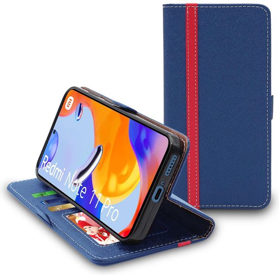 ebestStar - Coque compatible avec Xiaomi Redmi Note 11 Pro, 5G, Etui Portefeuille, Housse Pochette Protection PU Cuir, Porte Carte, Bleu Foncé / Rouge