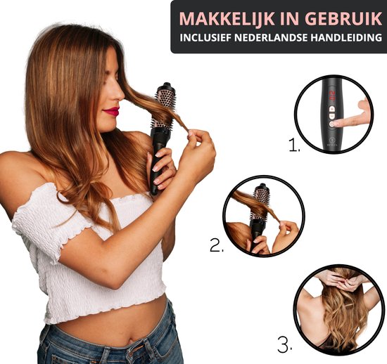 Vrouw met lang, bruin haar dat ze met de warme luchtborstel stylet. Drie stappen voor gebruik worden getoond.