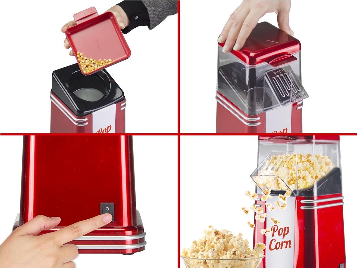 BEPER Popcornmachine, popcorn in 3 minuten, geen vet, heteluchtcirculatie, zonder olie, vermogen 1200 W, rood/goud BEPER Popcornmachine, popcorn in 3 minuten, geen vet, heteluchtcirculatie, zonder olie, vermogen 1200 W, rood/goud