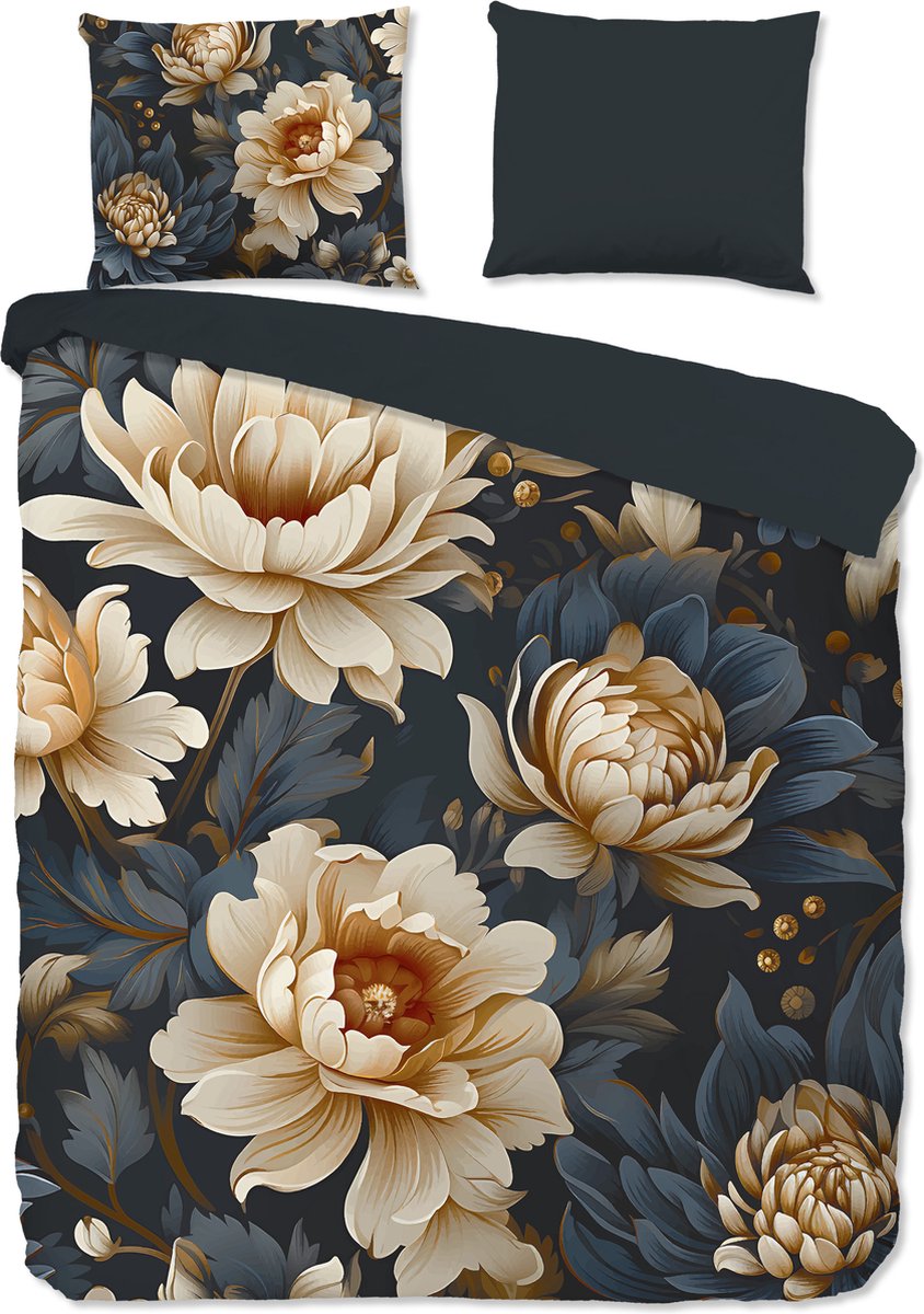 Pure dekbedovertrek bloemen - 2 persoons 200x200/220 cm - Antraciet - Microvezel