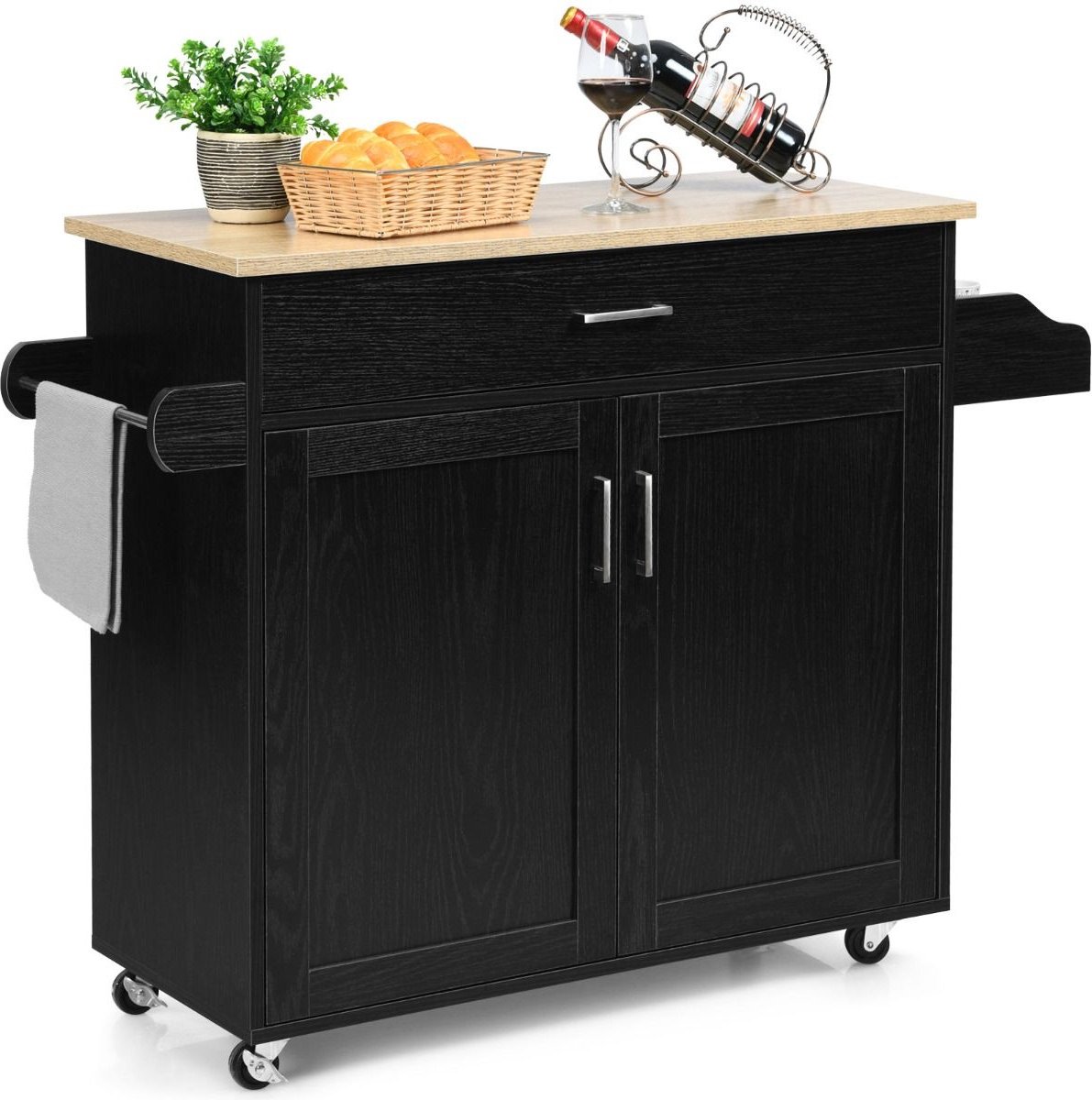 Bol.com Keukeneiland - Verplaatsbaar - Keukenkast - Dressoir - Organizer - Kasten - Keukenblok - Houten Werkblad - Lade - Zwart aanbieding