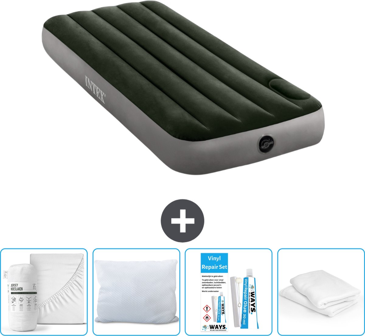 Intex Luchtbedset - 1-Persoons - 76 x 191 x 25 cm - Groen - Met ingebouwde voetpomp + Hoeslaken Wit + Kussen + Molton 2 in 1 Kussenslopen + Reparatieset