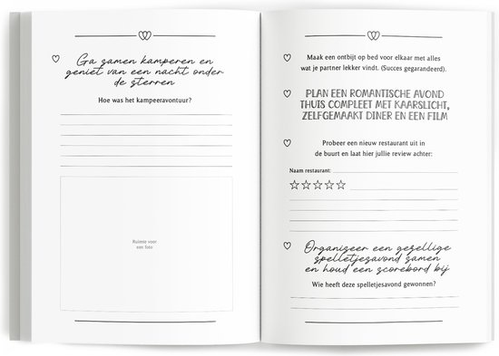 Open bucketlist boek met opdrachten zoals 'Ga zamen kamperen en geniet van een nacht onder de sterren' en 'Plan een romantisch avond thuis'.