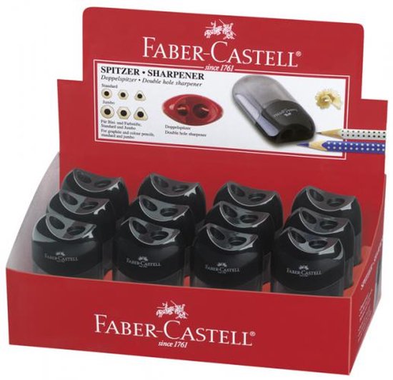 Verpakking van Faber-Castell puntenslijpers, met productinformatie en demonstratieafbeeldingen.
