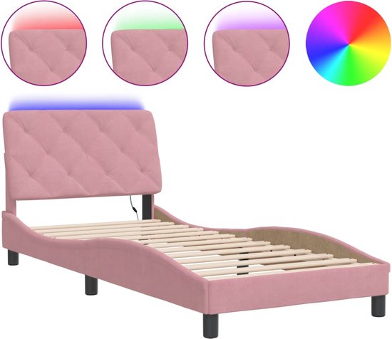 vidaXL - Bedframe - met - LED-verlichting - fluweel - roze - 90x190 - cm