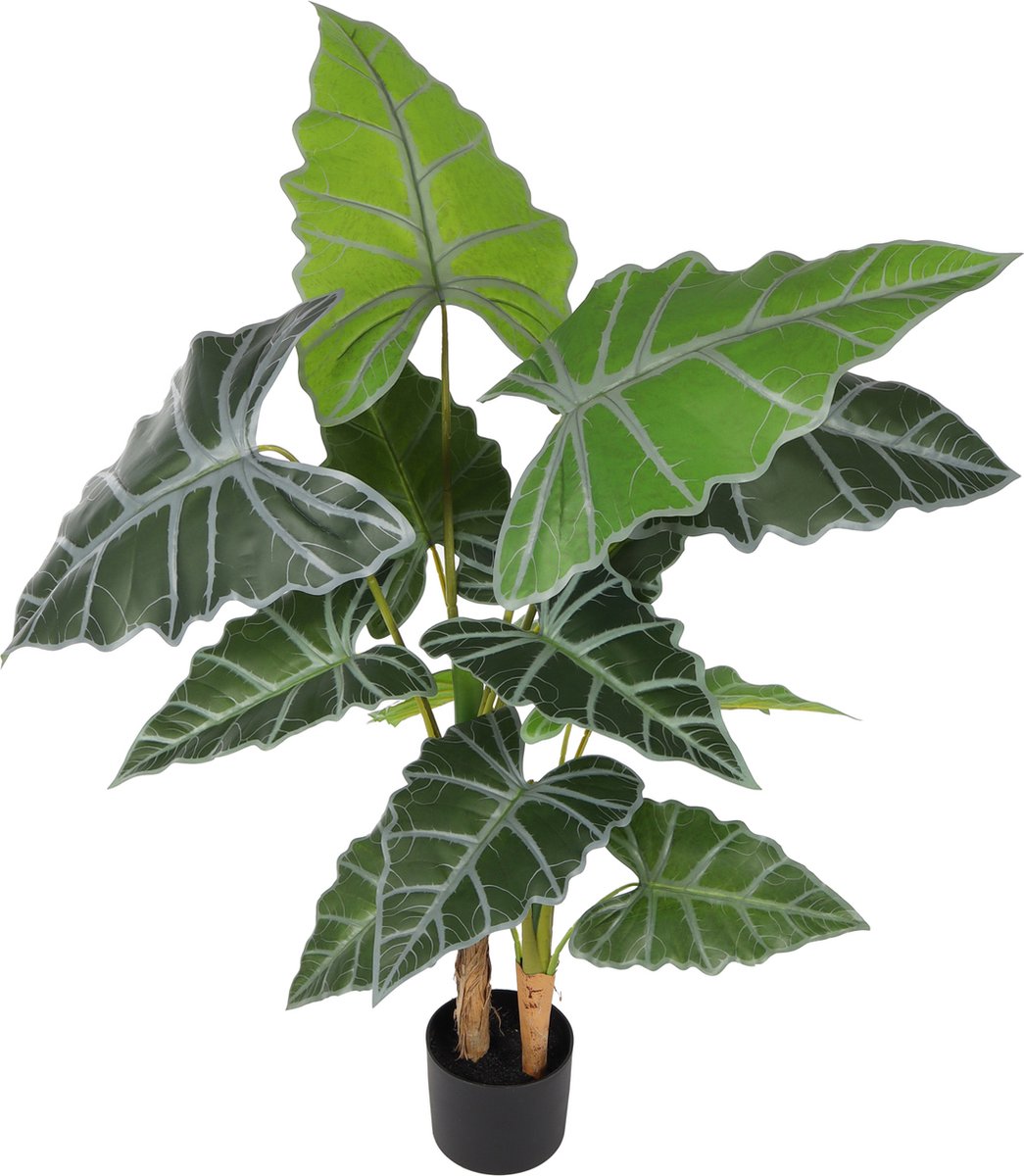 Kunstpalm Kunst Olifantsoor Alocasia | 110cm – Grootblad Kunstplant – Nep Kamerplant – Calathea Look – Tropische Blad kunstplant – Extra Vol - Luxe Uitvoering Donkergroen