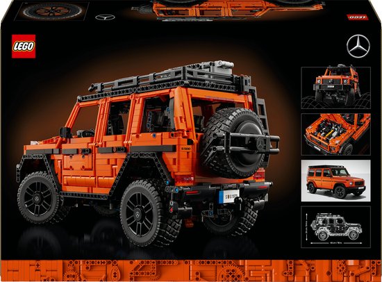 Doos van de LEGO Technic Mercedes-Benz G 500, oranje, met de auto en detailfoto's.