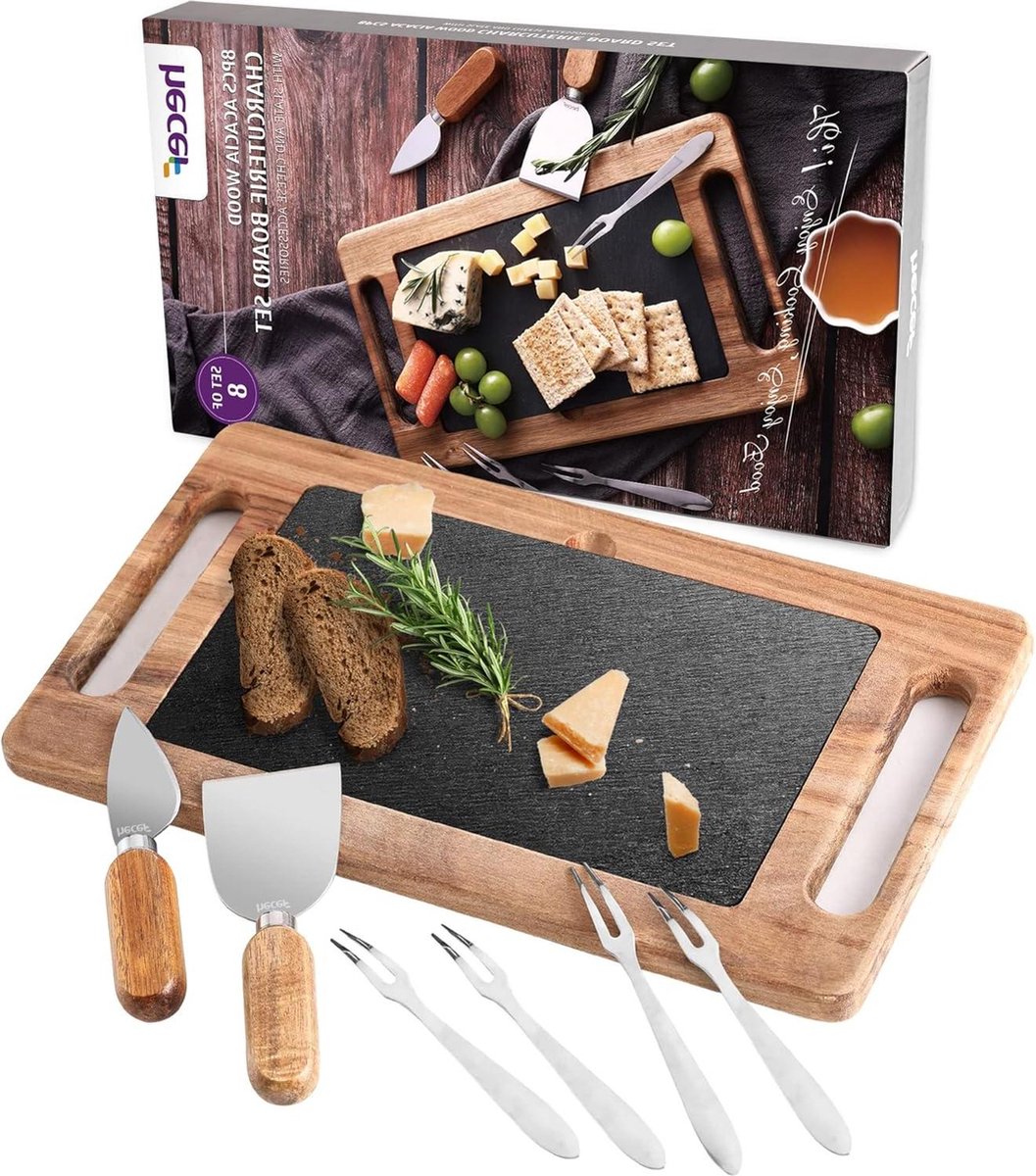 Houten kaasplank met leisteen 8-delige set - 2 kaasmessen 4 vorken - gepersonaliseerd - voor verjaardag housewarming bruiloft