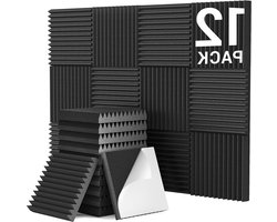 Zelfklevend Akoestisch Schuim Panelen - 12 Pack - 3D Piramide Ontwerp - Geluidskanalen - Absorptie van Echo's - Geluidsabsorberend Schuim - Thuis en Studio Zwart