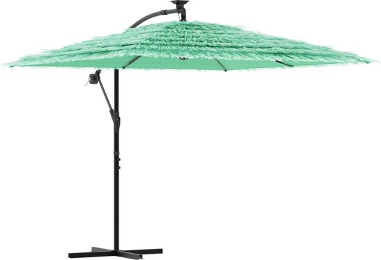 Parasol vert à franges avec mât en acier, sur fond blanc.