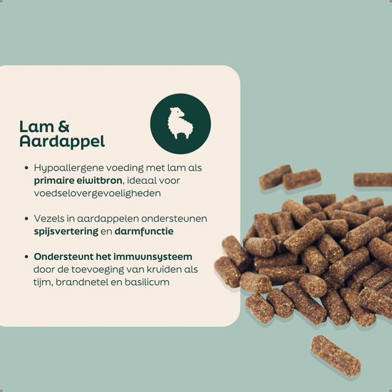 Lam & Aardappel hondenvoer. Hypoallergeen met lam, ondersteunt spijsvertering en immuunsysteem. Kleine donkerbruine brokken.